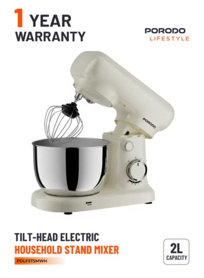 بورودو خلاط كهربائي منزلي (عجانة) برأس مائل، وعاء ستانلس ستيل سعة 2 لتر، 3 رؤوس ملحقة (مخفقة ستيل، مضرب مسطح، خطاف عجين)، صانعة كيك بقوة 400 واط، 10 مستويات للسرعة - أبيض - Image 1